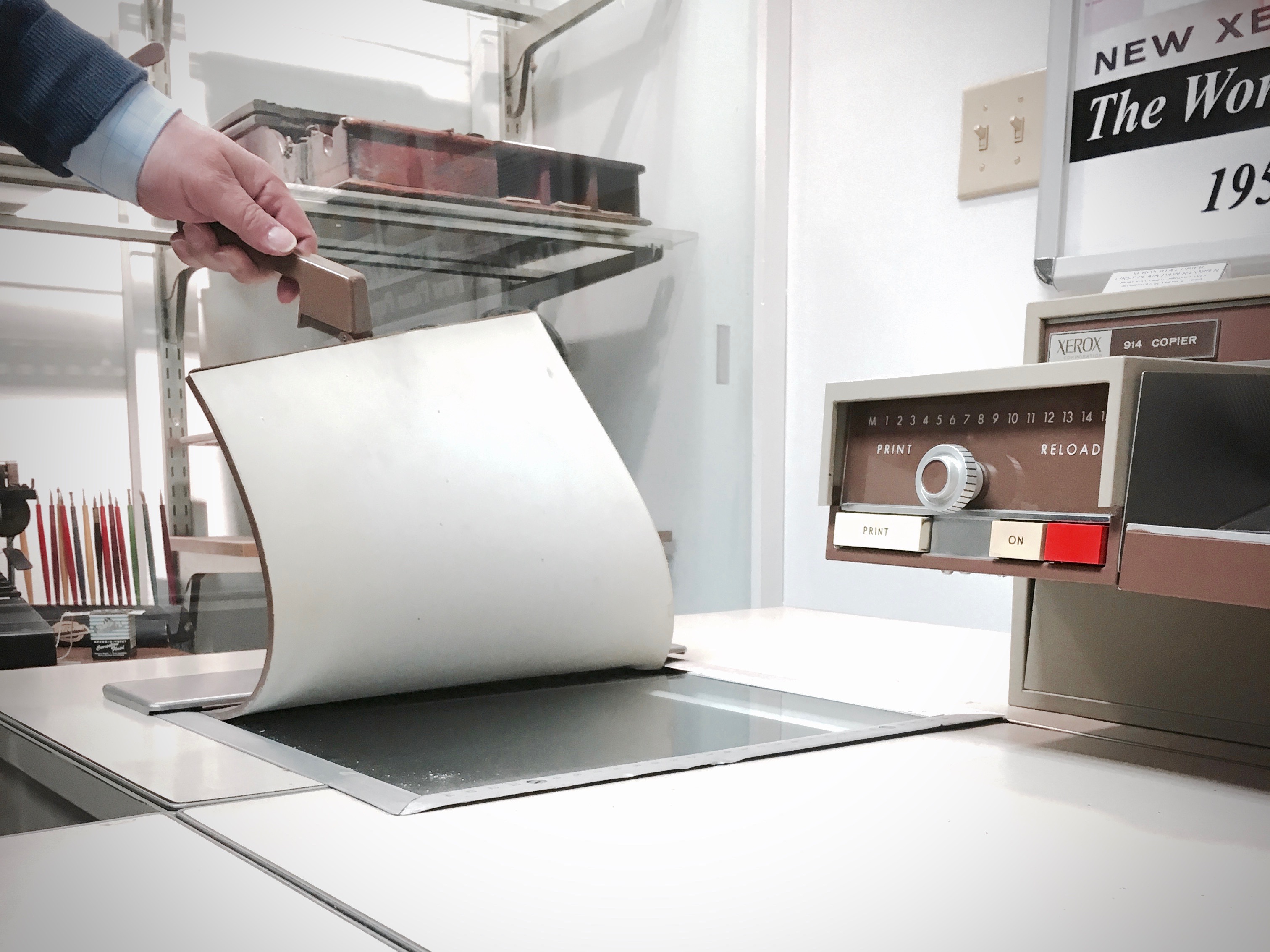 Xerox 914 copier with the platen lifted mid-copy