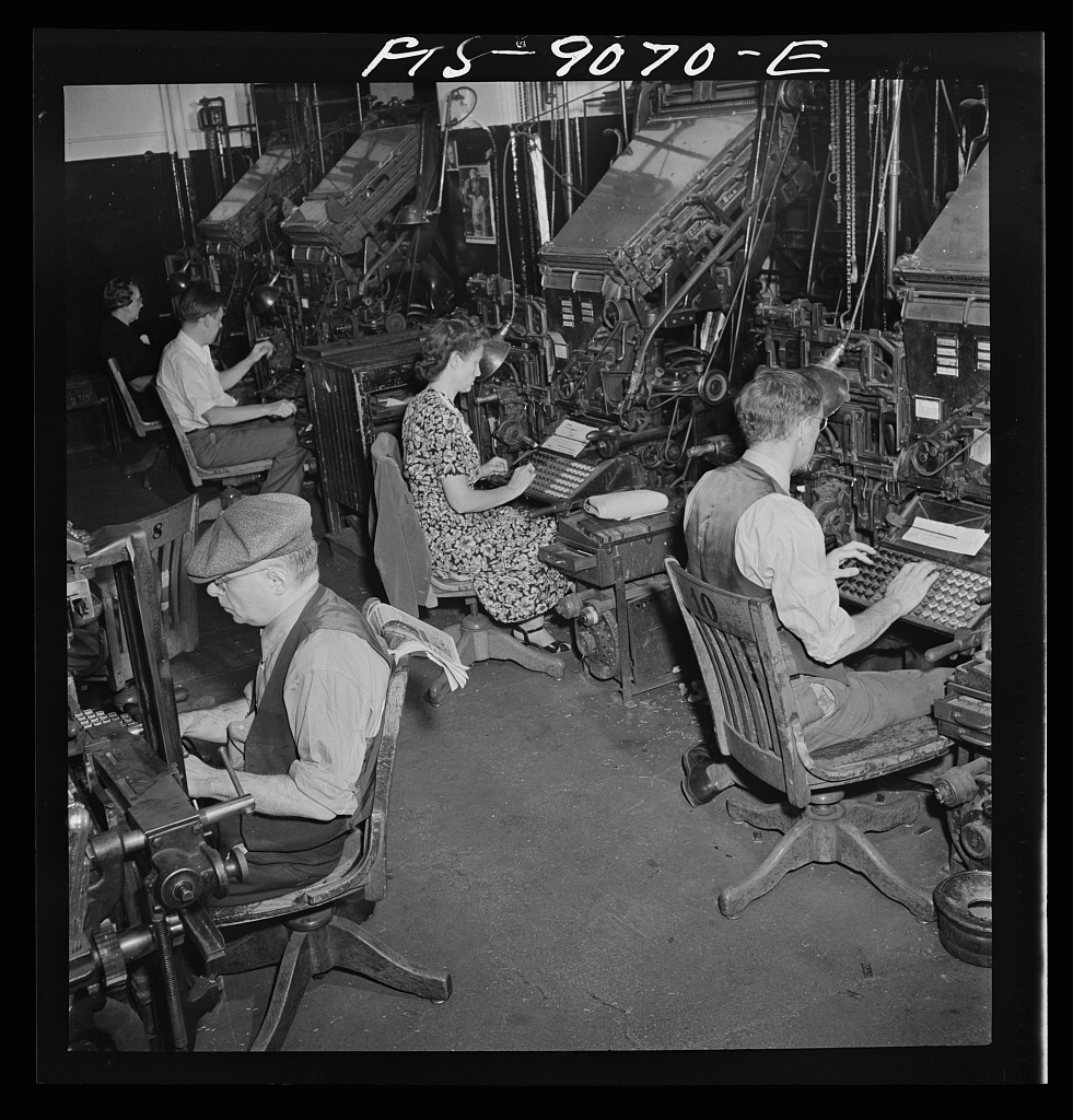 Composing room of the New York Times, Linotype operators at their machines, 1942