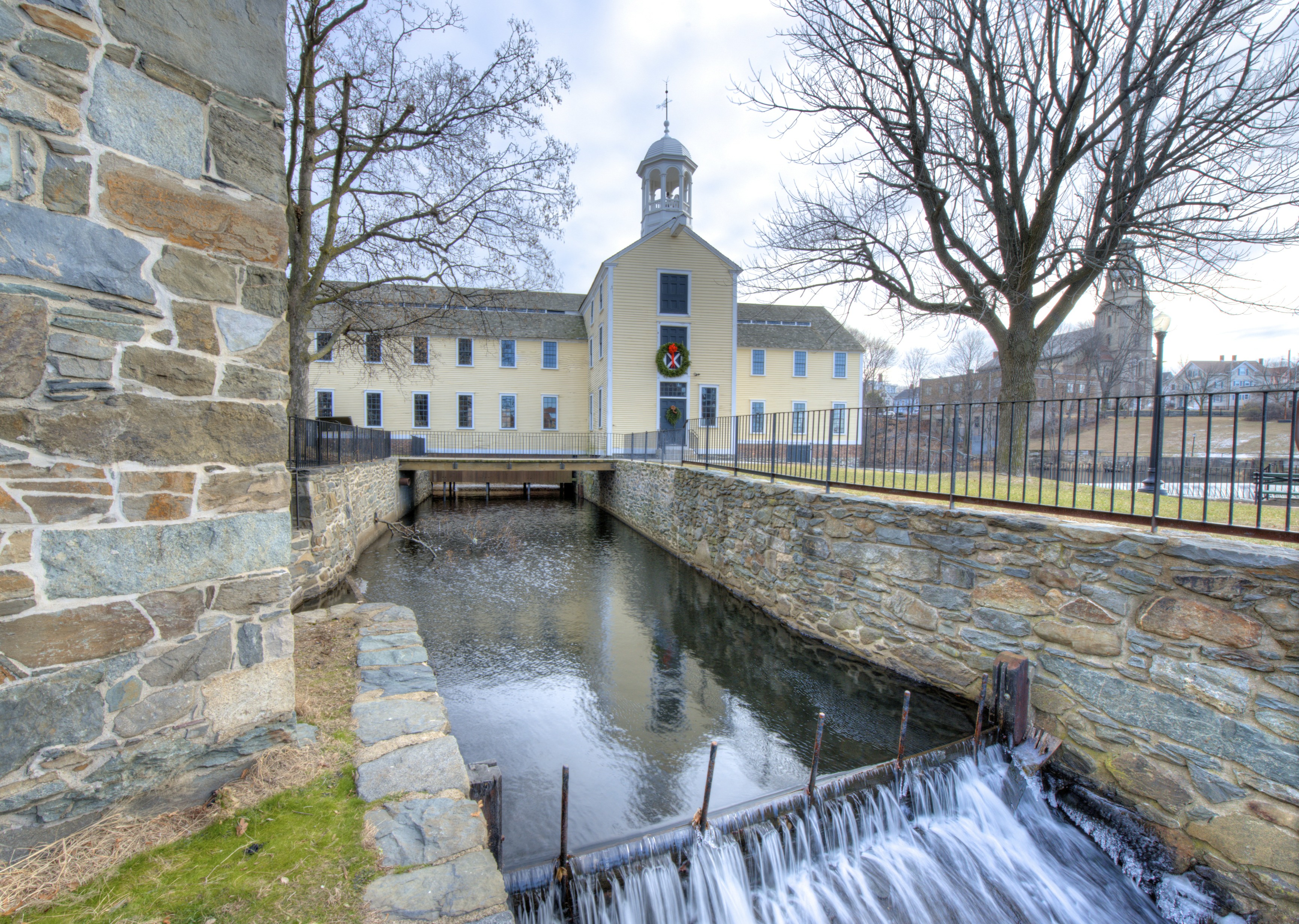 Slater Mill and Wilkinson Mill exterior with water-power system, Pawtucket, Rhode Island